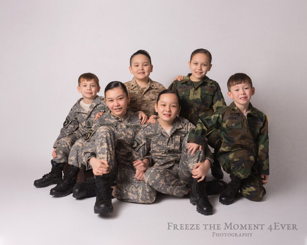 Kids Military Styled Photo Session Creative Uniforms Children Sibling ACU Woodland USA in Clarksville Tennessee TN Clarksville Family Photographer