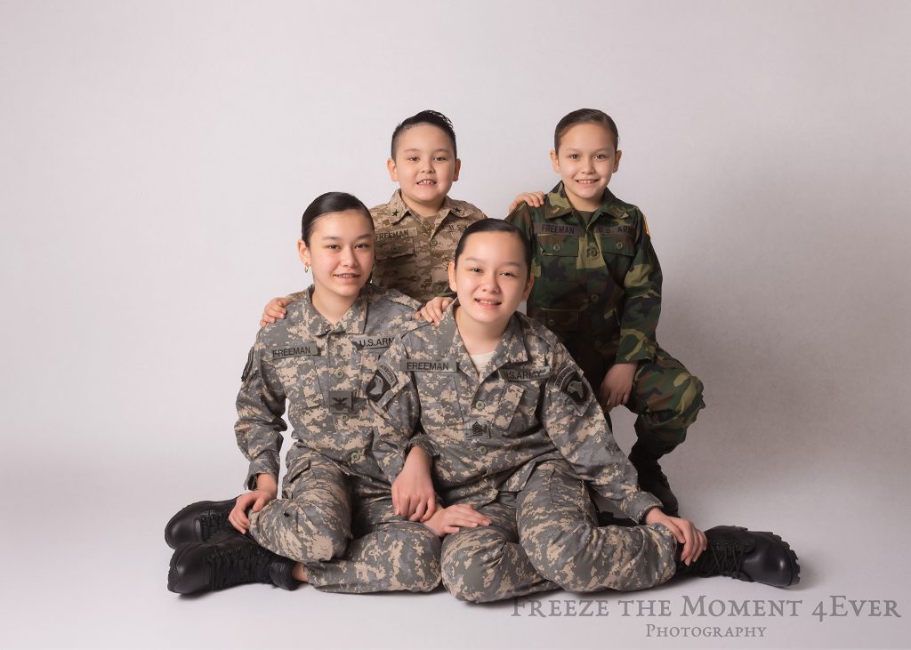 Kids Military Styled Photo Session Creative Uniforms Children Sibling ACU Woodland USA in Clarksville Tennessee TN