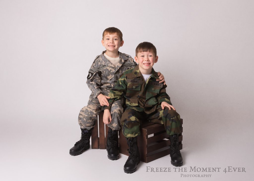 Kids Military Styled Photo Session Creative Uniforms Children Sibling ACU Woodland USA in Clarksville Tennessee TN