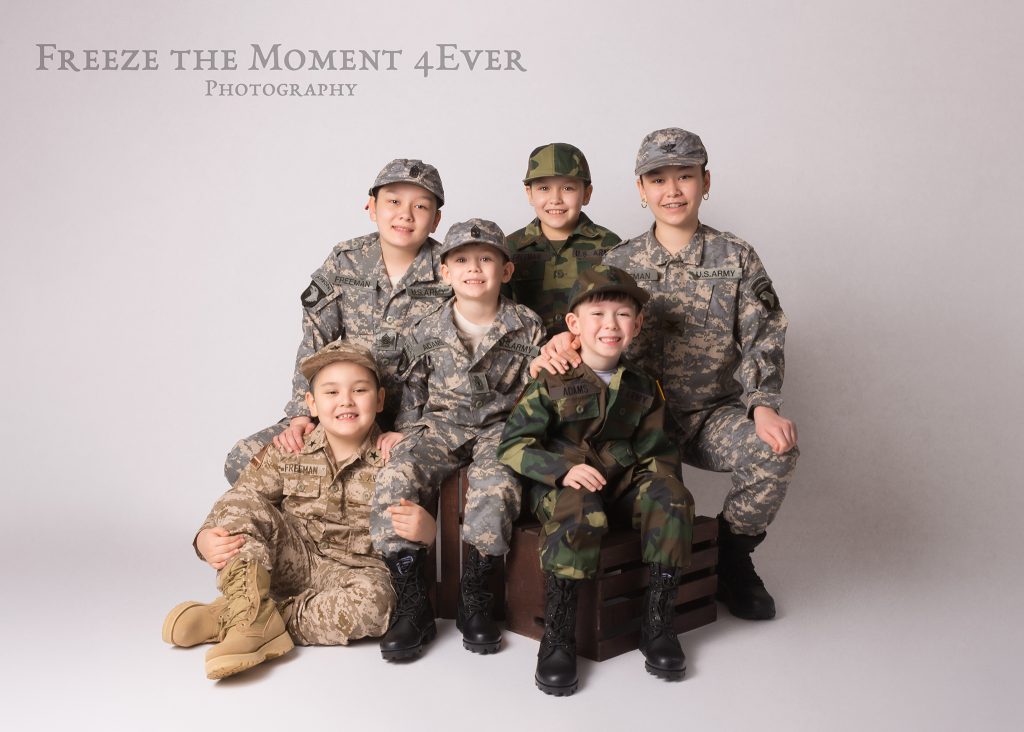 Kids Military Styled Photo Session Creative Uniforms Children Sibling ACU Woodland USA in Clarksville Tennessee TN