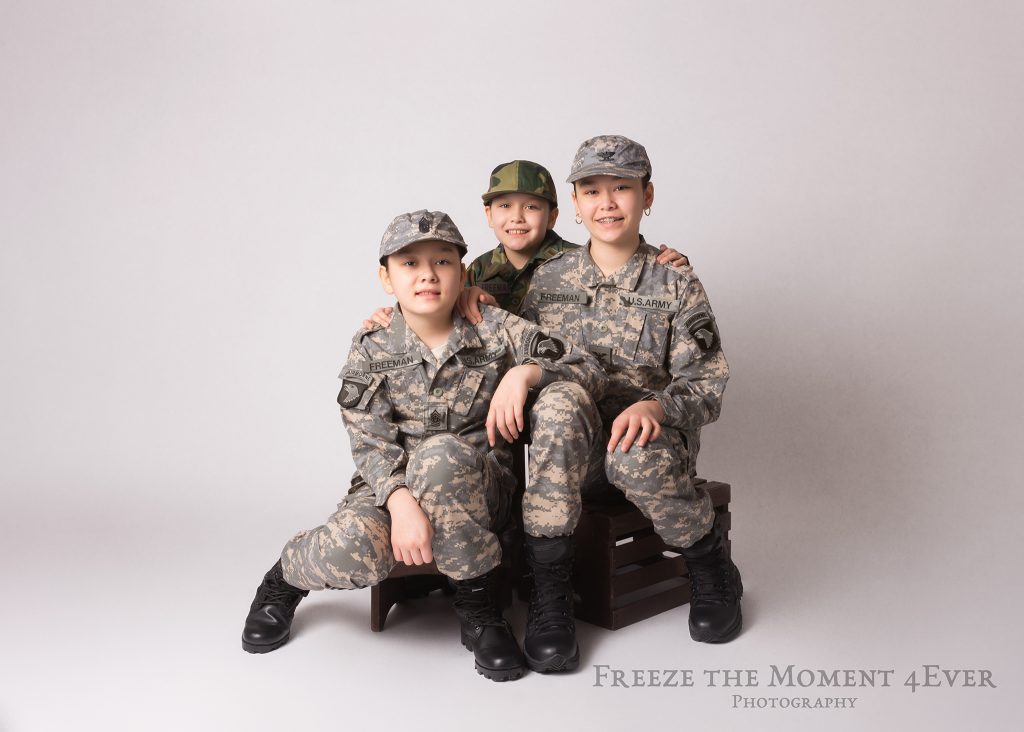 Kids Military Styled Photo Session Creative Uniforms Children Sibling ACU Woodland USA in Clarksville Tennessee TN