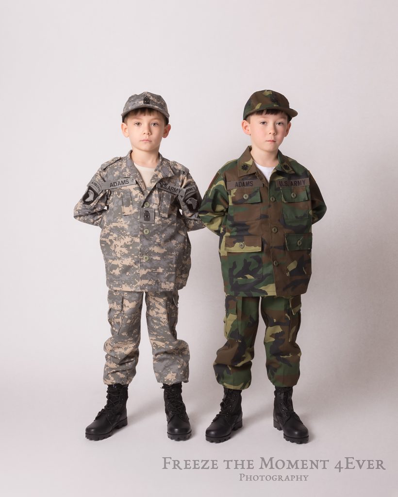 Kids Military Styled Photo Session Creative Uniforms Children Sibling ACU Woodland USA in Clarksville Tennessee TN