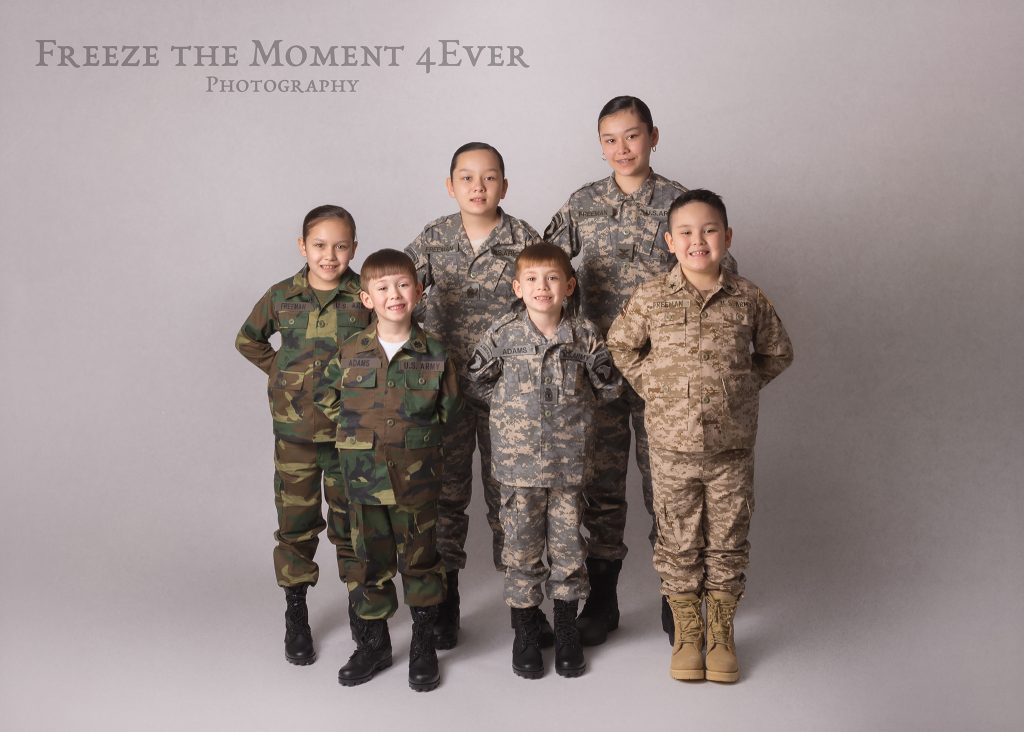 Kids Military Styled Photo Session Creative Uniforms Children Sibling ACU Woodland USA in Clarksville Tennessee TN