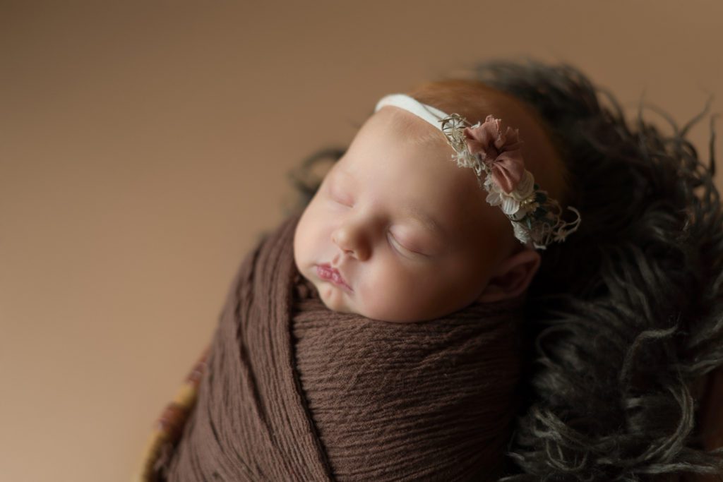 Studio newborn photo of little baby girl in neutral brown and wrapped up