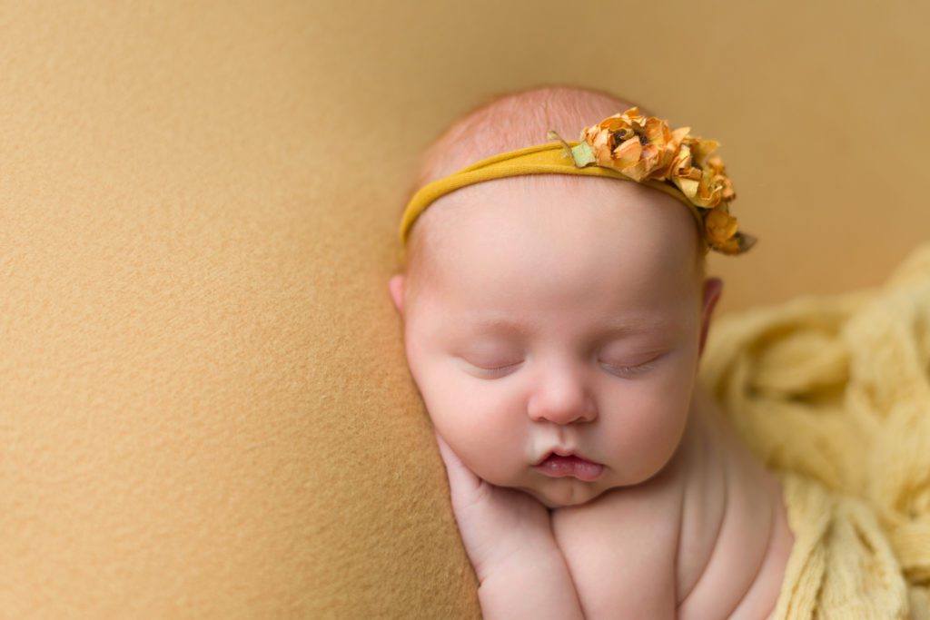 Studio newborn photo of little baby girl with yellow sunflower theme sleeping